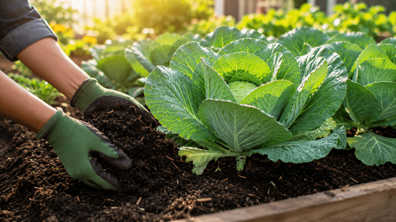 Applying organic compost around healthy cabbage plants to promote strong growth and larger heads.