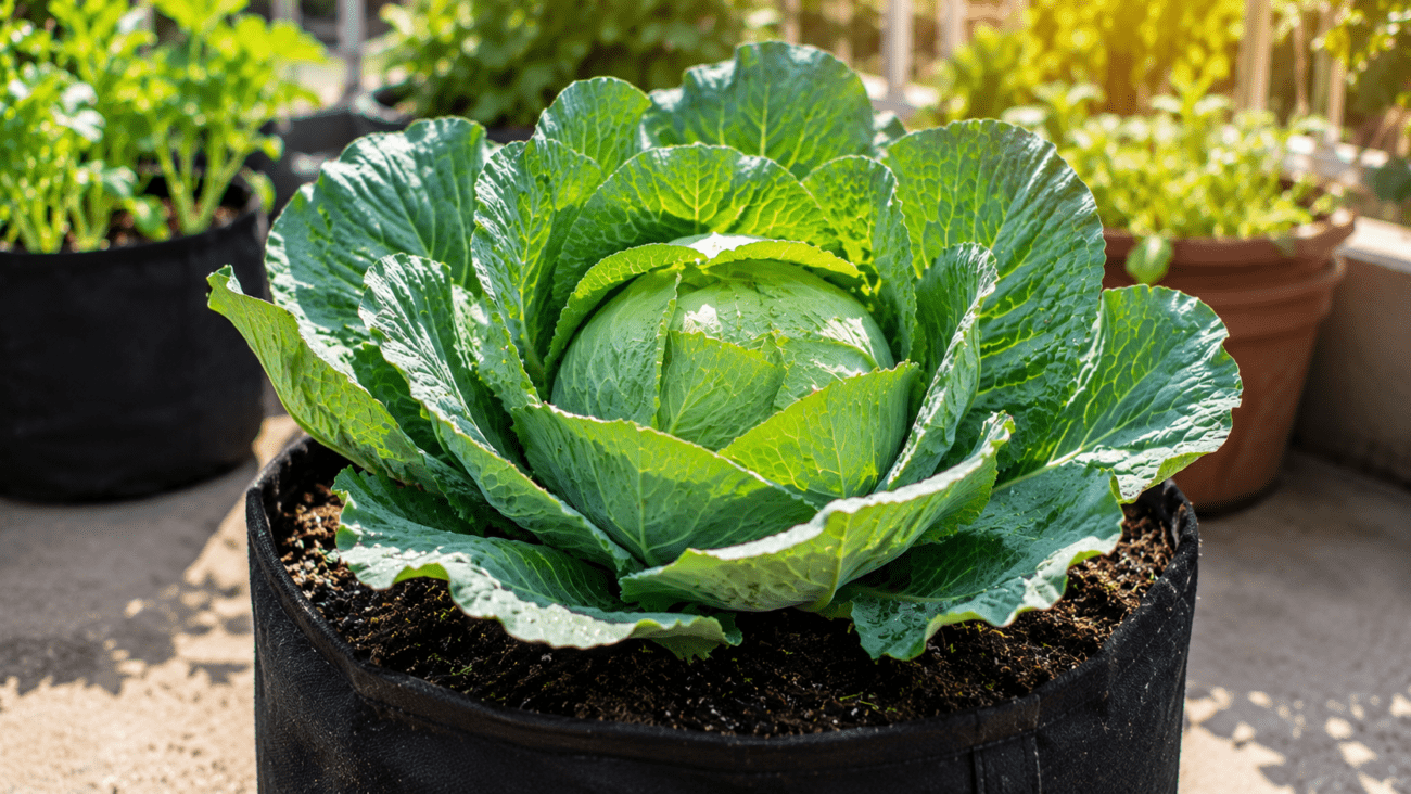 Healthy green cabbage growing in a large fabric grow bag filled with rich potting soil on a sunny backyard patio.