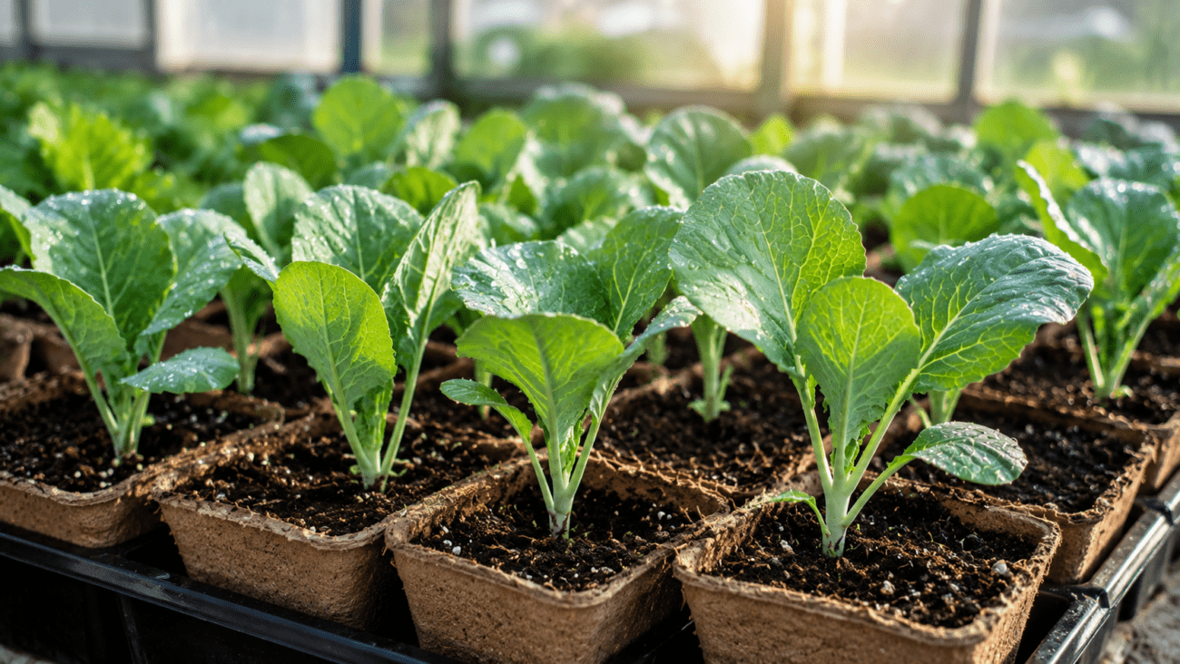 Healthy cabbage seedlings growing in biodegradable seedling trays.