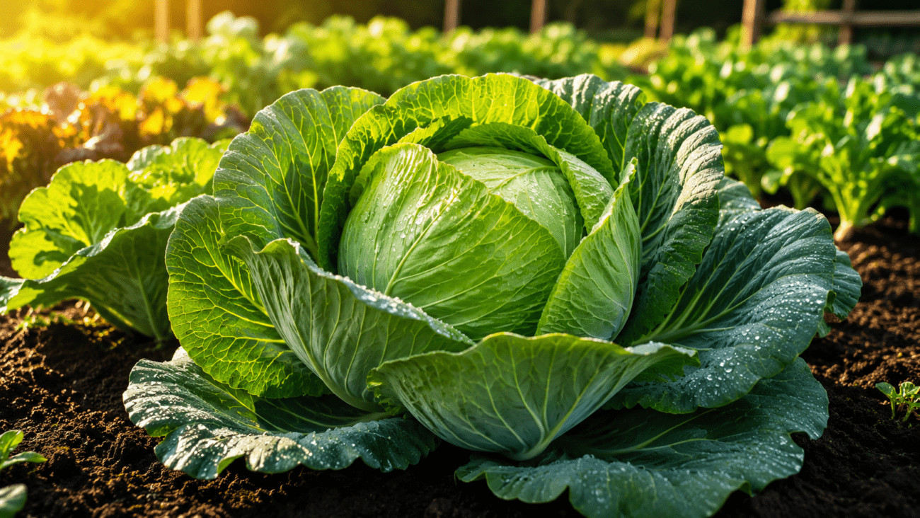 Healthy green cabbage growing in a sunny home vegetable garden.