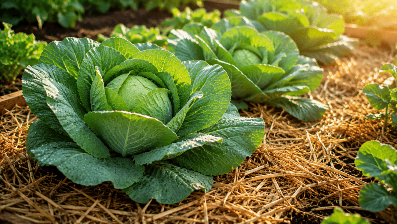Healthy cabbage plants surrounded by straw mulch to conserve moisture and reduce weed growth.