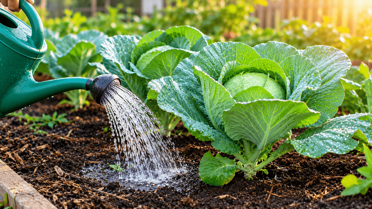 Watering healthy cabbage plants at the base in a backyard vegetable garden during the early morning.