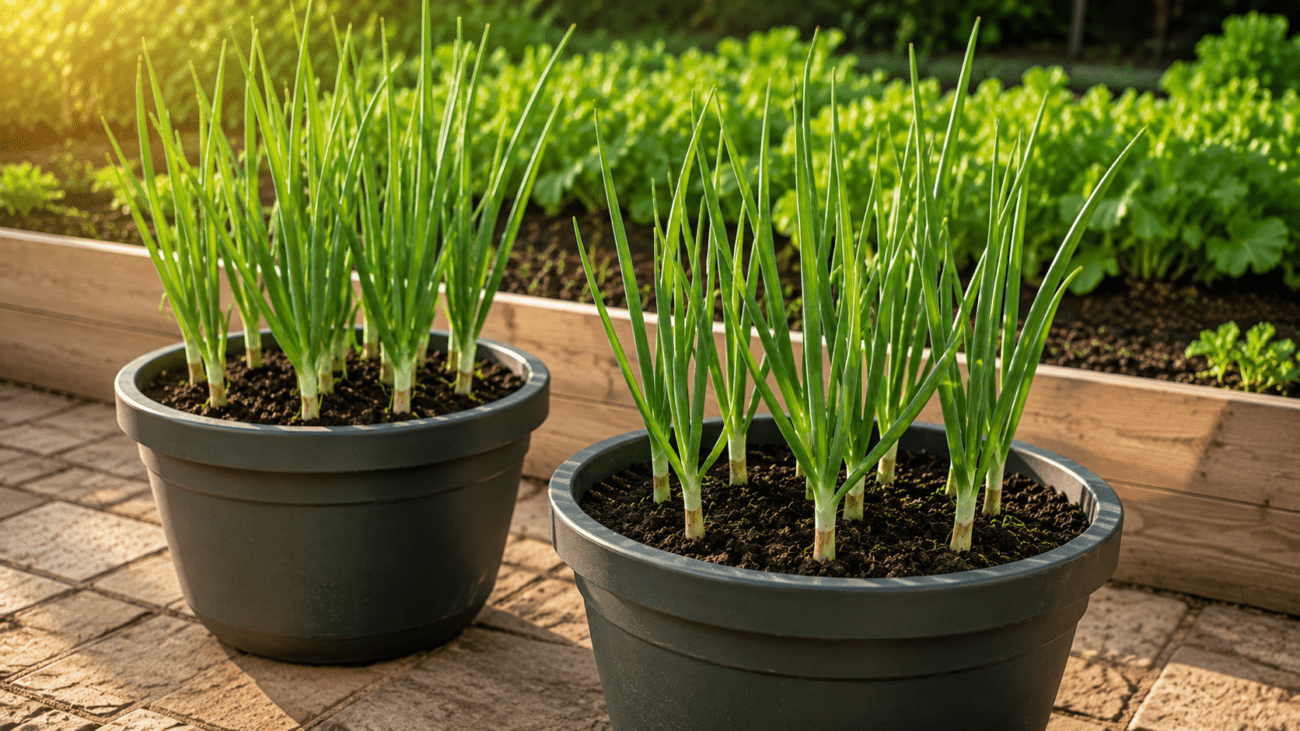 Healthy onion plants growing in containers on a sunny backyard patio