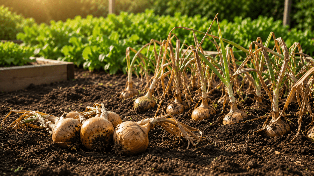 Harvesting mature onions with dried tops in a backyard vegetable garden during late summer