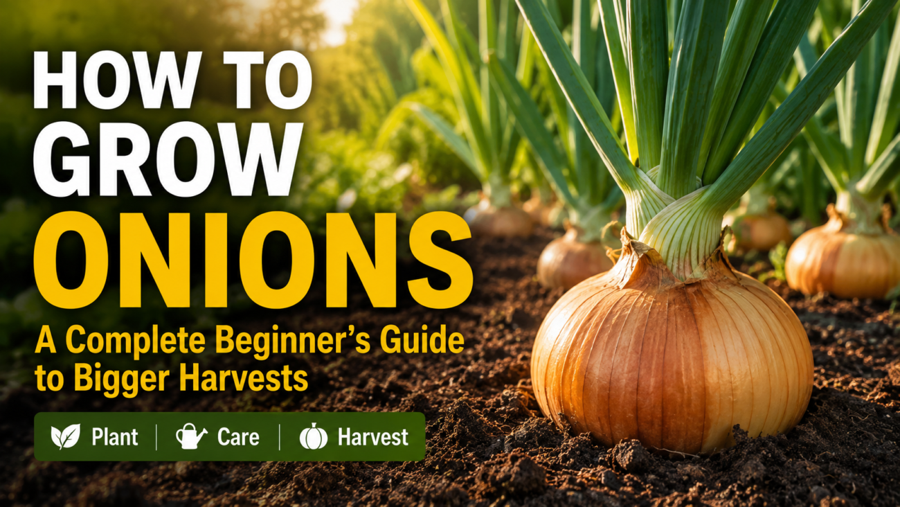 Healthy yellow onions growing in rich garden soil with green leaves in a backyard vegetable garden