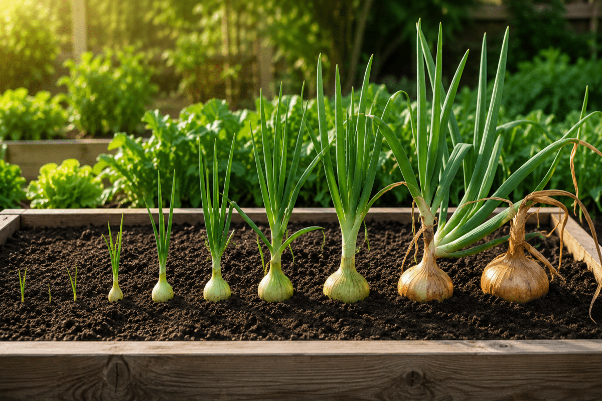 Different onion growth stages from seedling to mature bulb in a raised garden bed