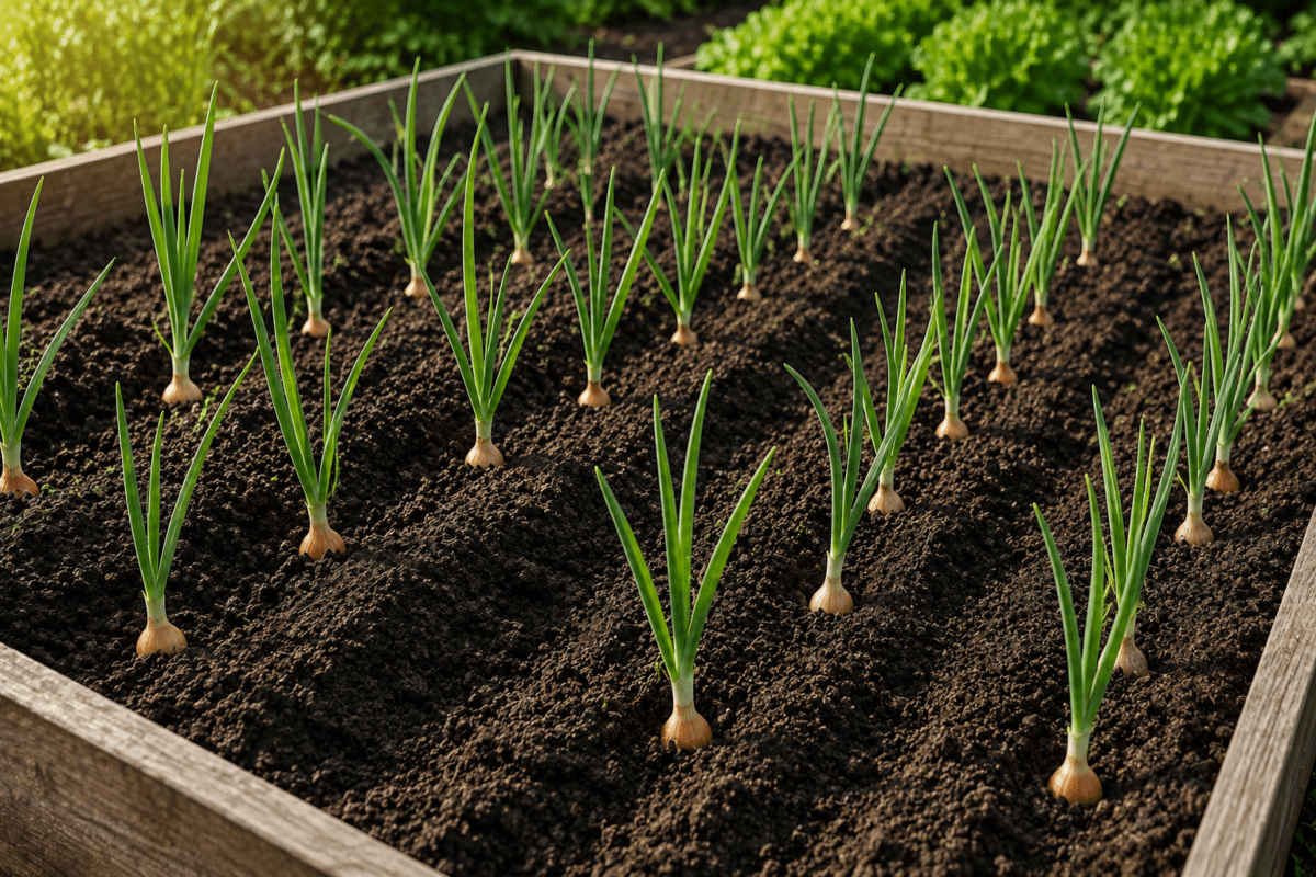 Planting onion sets at the correct depth and spacing in a raised garden bed