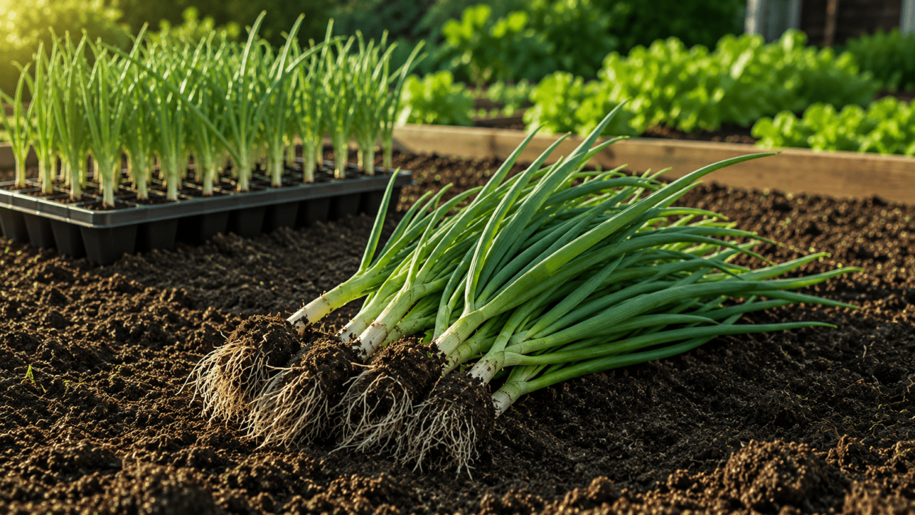 Healthy onion seedlings and onion sets prepared for planting in loose garden soil