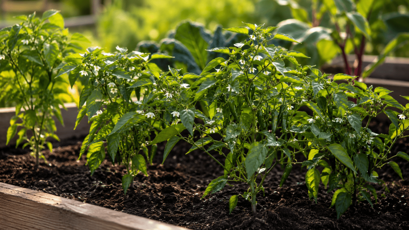Chili pepper plants flowering and developing young green peppers