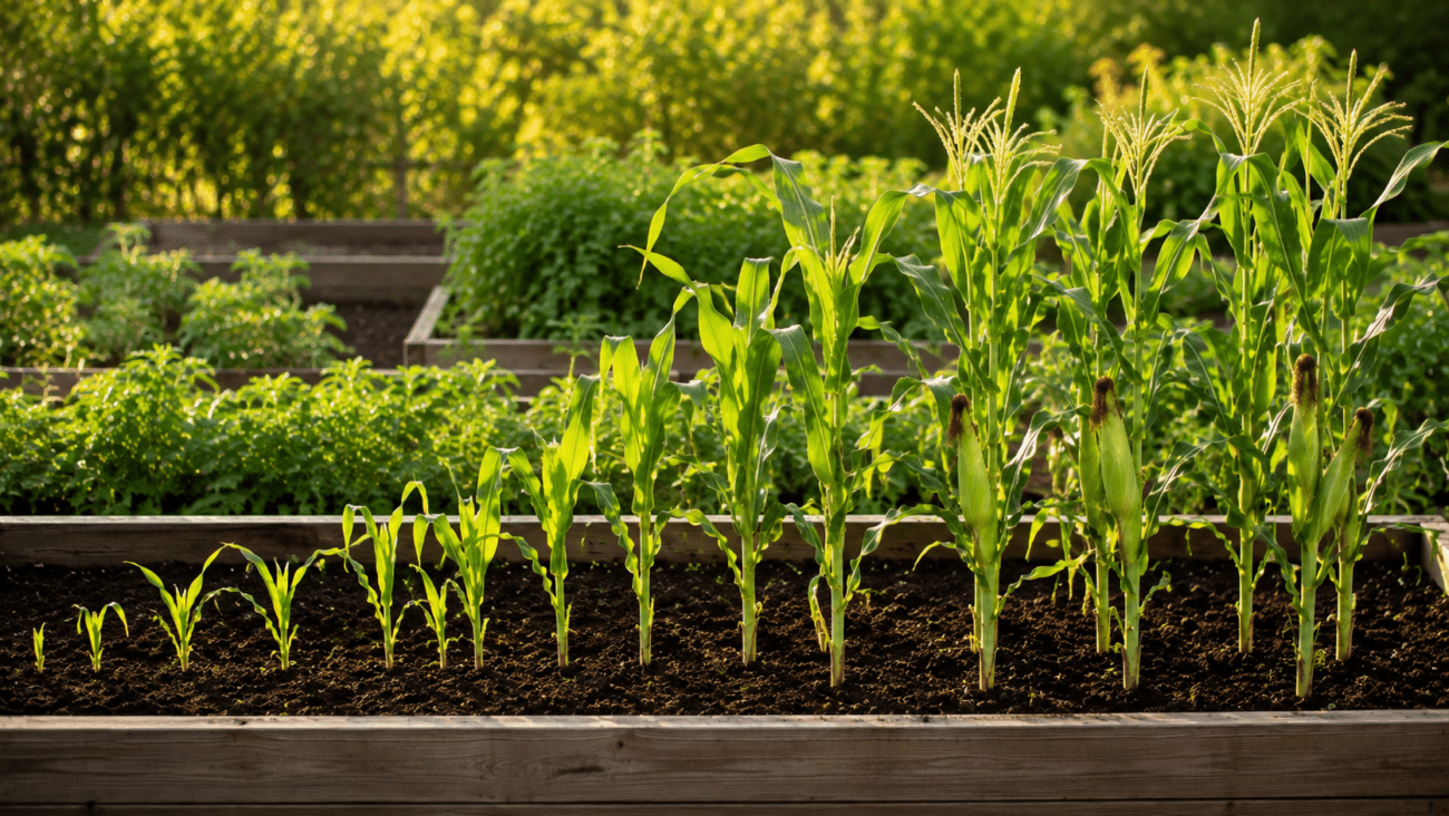 Corn plant growth stages from young seedlings to mature plants