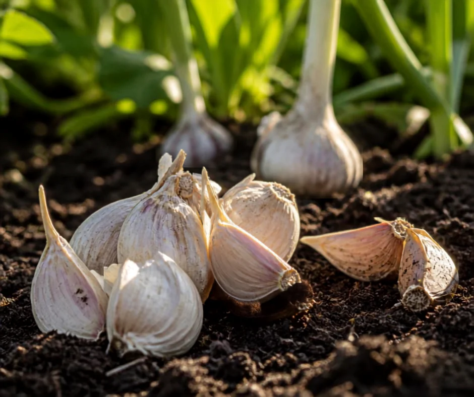 Healthy garlic cloves prepared for planting in garden soil