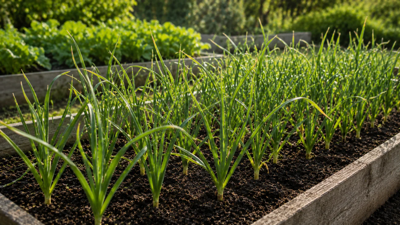 Healthy garlic plants growing in a raised garden bed
