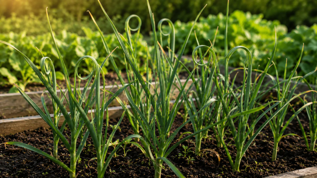 Garlic scapes emerging from mature garlic plants in a raised garden bed