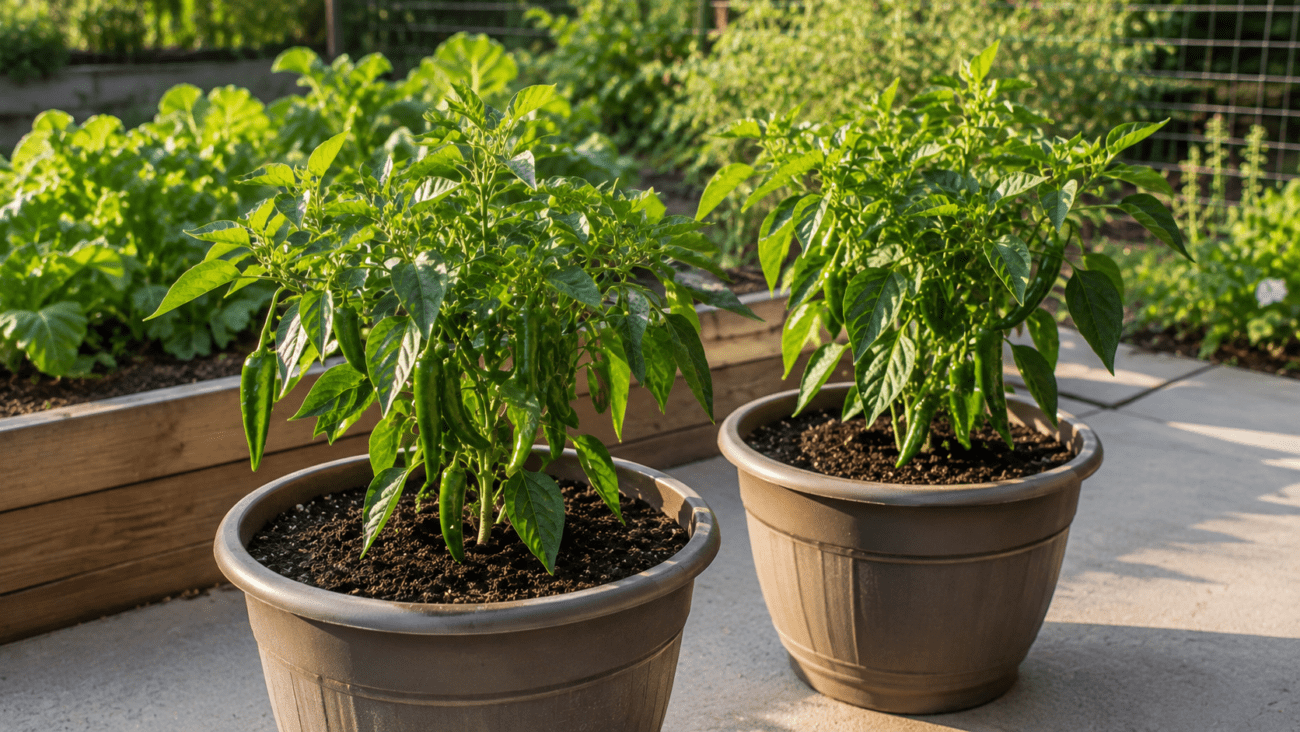 Chili pepper plants growing in containers on a sunny patio