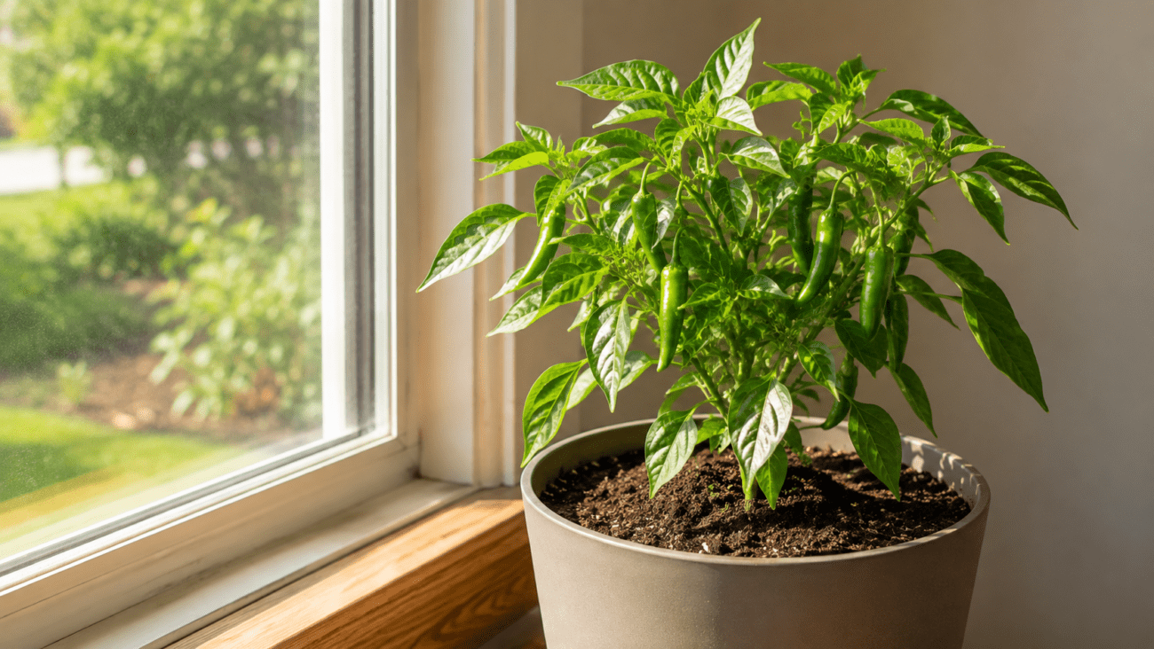 Healthy chili pepper plant growing indoors near a sunny window