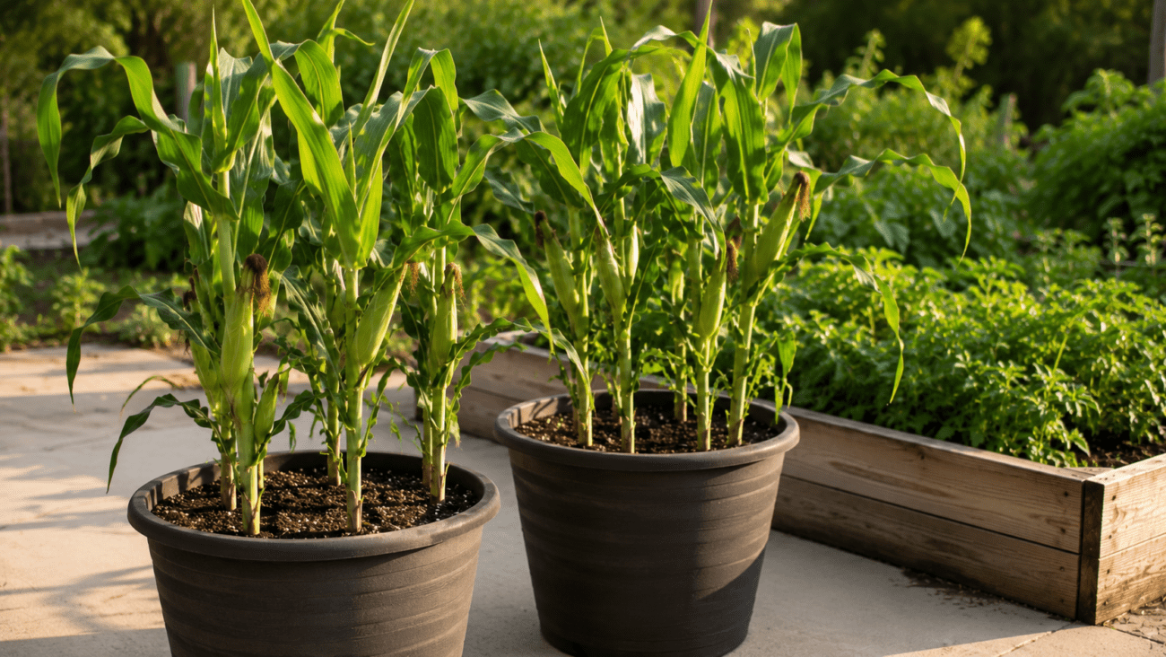 Dwarf sweet corn growing in large containers on a sunny patio