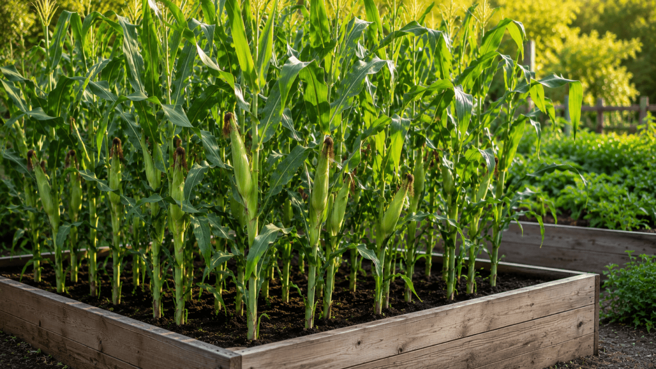 Healthy sweet corn growing in a raised garden bed