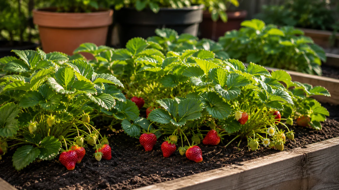 Healthy strawberry plants growing in a small backyard garden