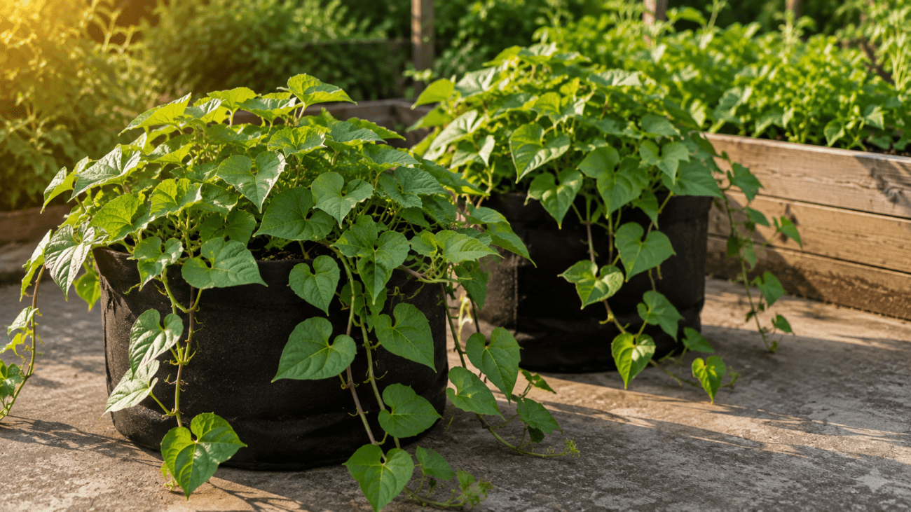 Sweet potato plants growing in large fabric grow bags