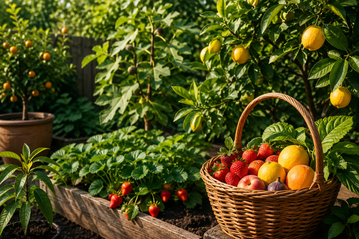 Fresh fruit harvested from a productive backyard home garden