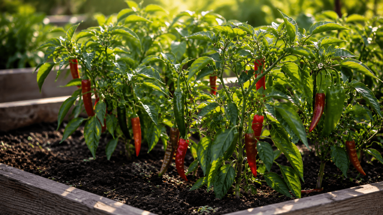 Mature chili peppers ready for harvest in a raised garden bed