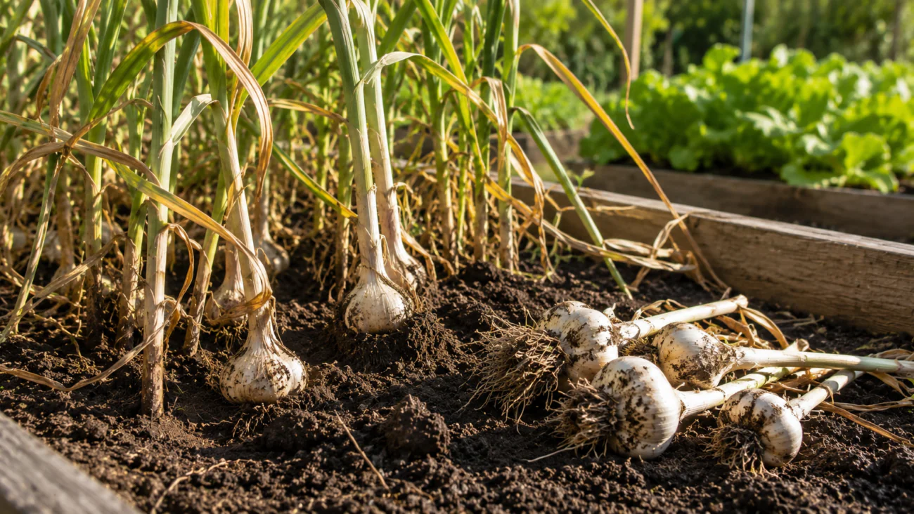Mature garlic bulbs ready for harvest in a raised garden bed