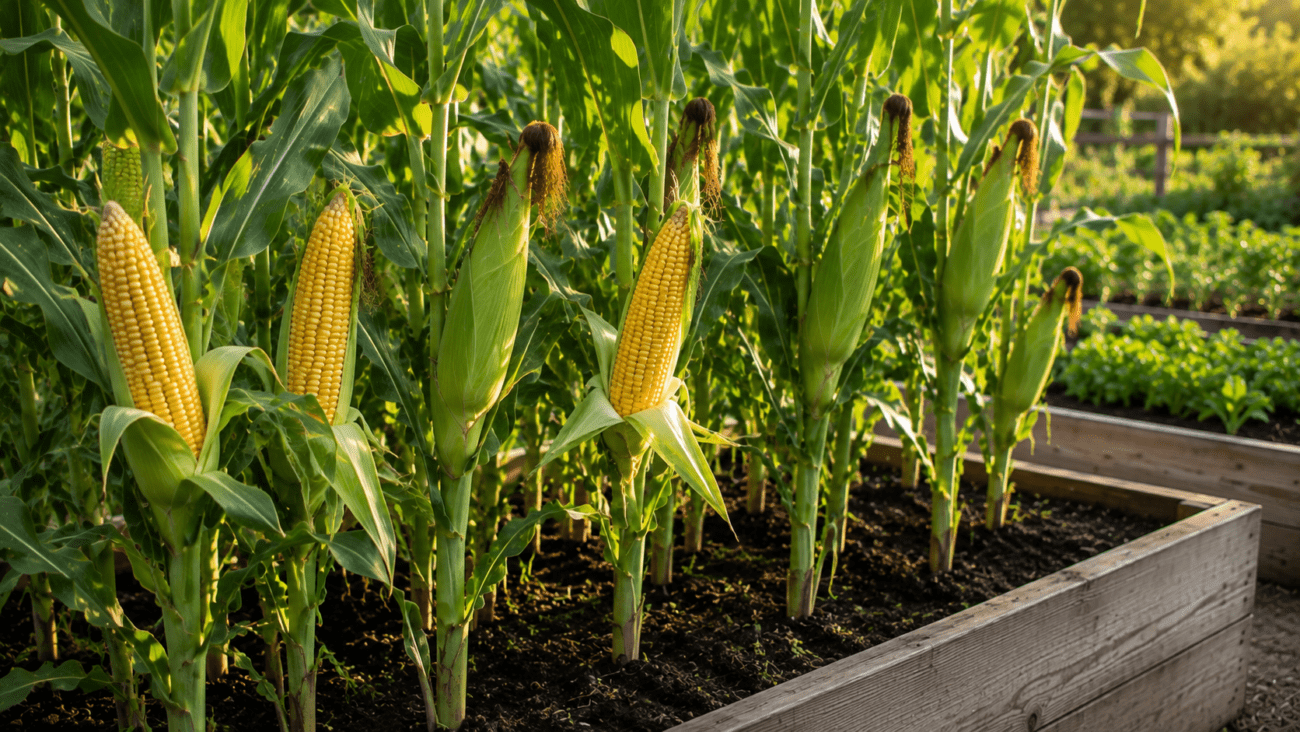 Mature sweet corn ready for harvest in a raised garden bed