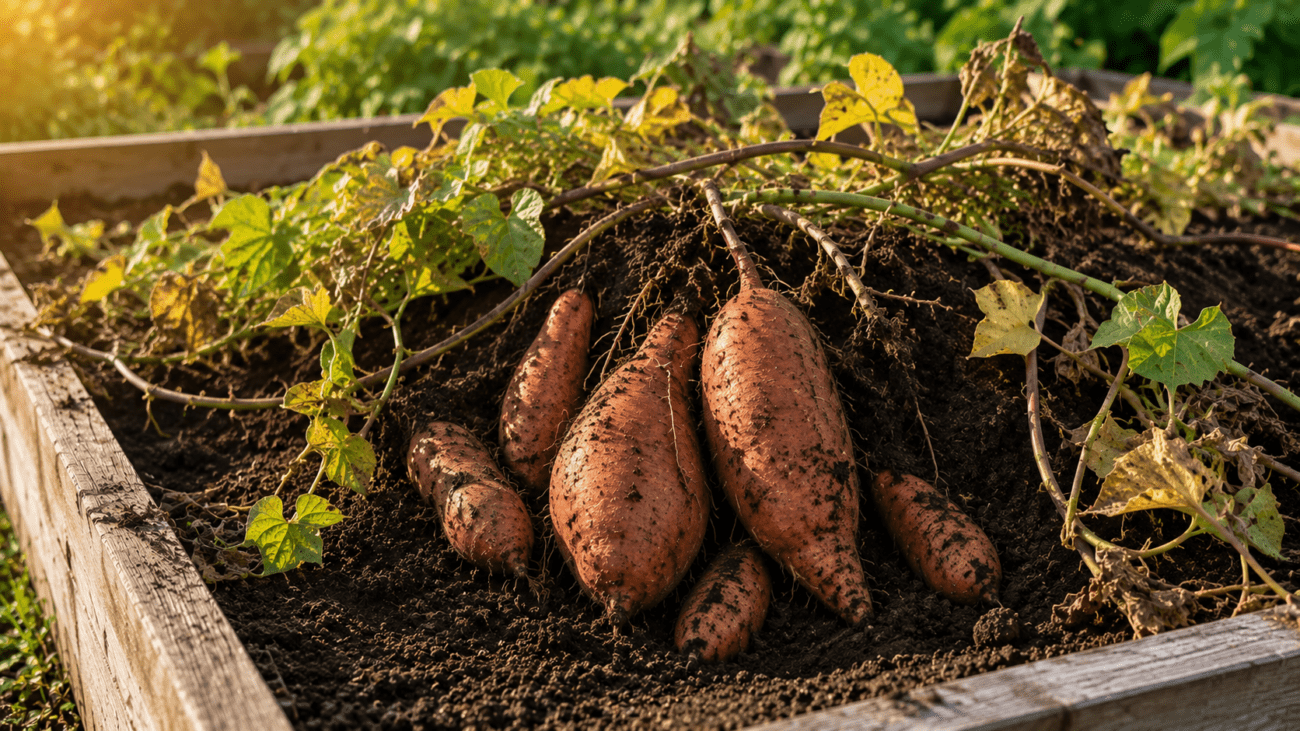 Mature sweet potatoes being harvested from a backyard raised garden bed