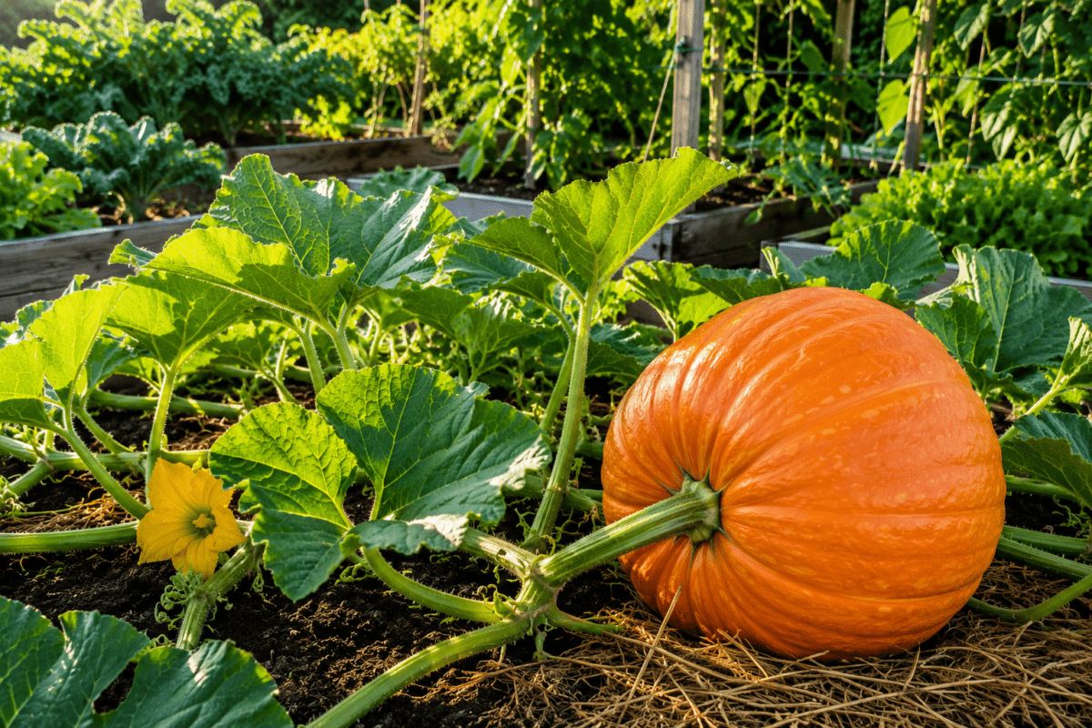 Healthy orange pumpkin growing on a vigorous vine in a raised garden bed with rich soil, green leaves, and a yellow pumpkin flower.