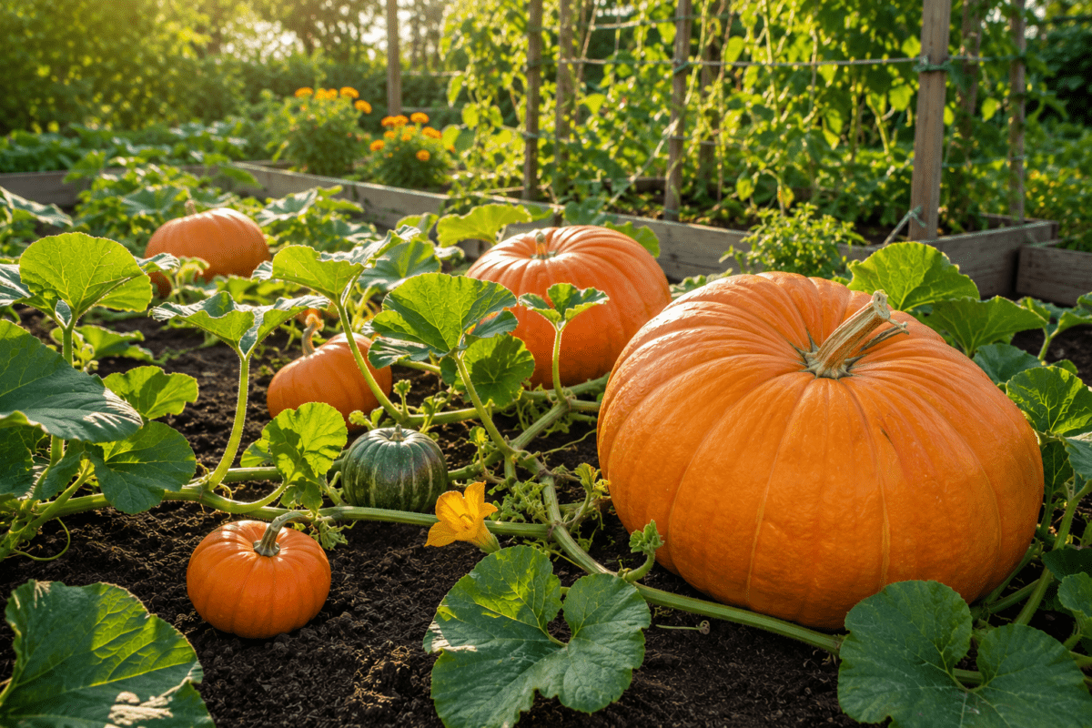 Healthy pumpkin plants growing in a sunny home vegetable garden with large orange pumpkins, sprawling green vines, rich dark soil, and raised garden beds.