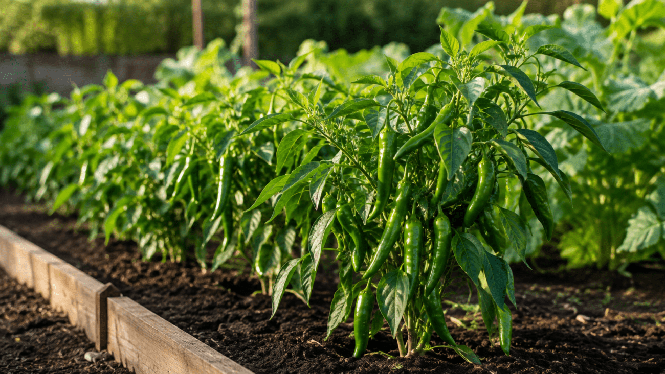 Healthy chili pepper plants growing in a backyard vegetable garden