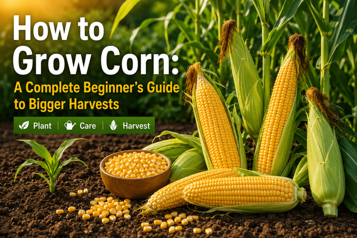Healthy sweet corn plants growing in a backyard raised garden bed