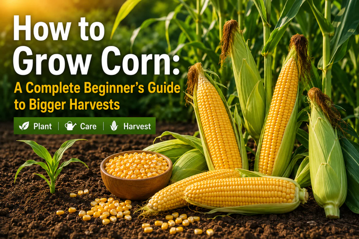 Healthy sweet corn plants growing in a backyard raised garden bed