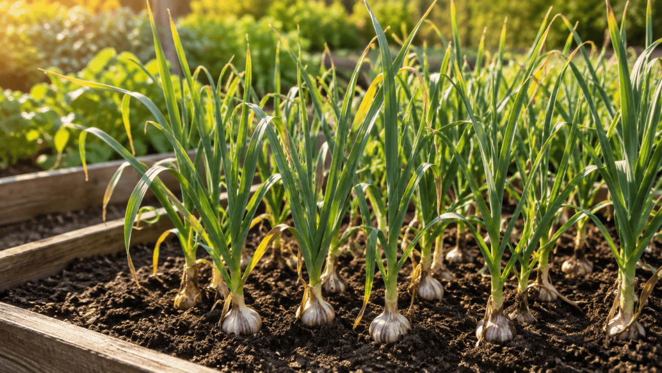Healthy mature garlic plants growing in a raised garden bed