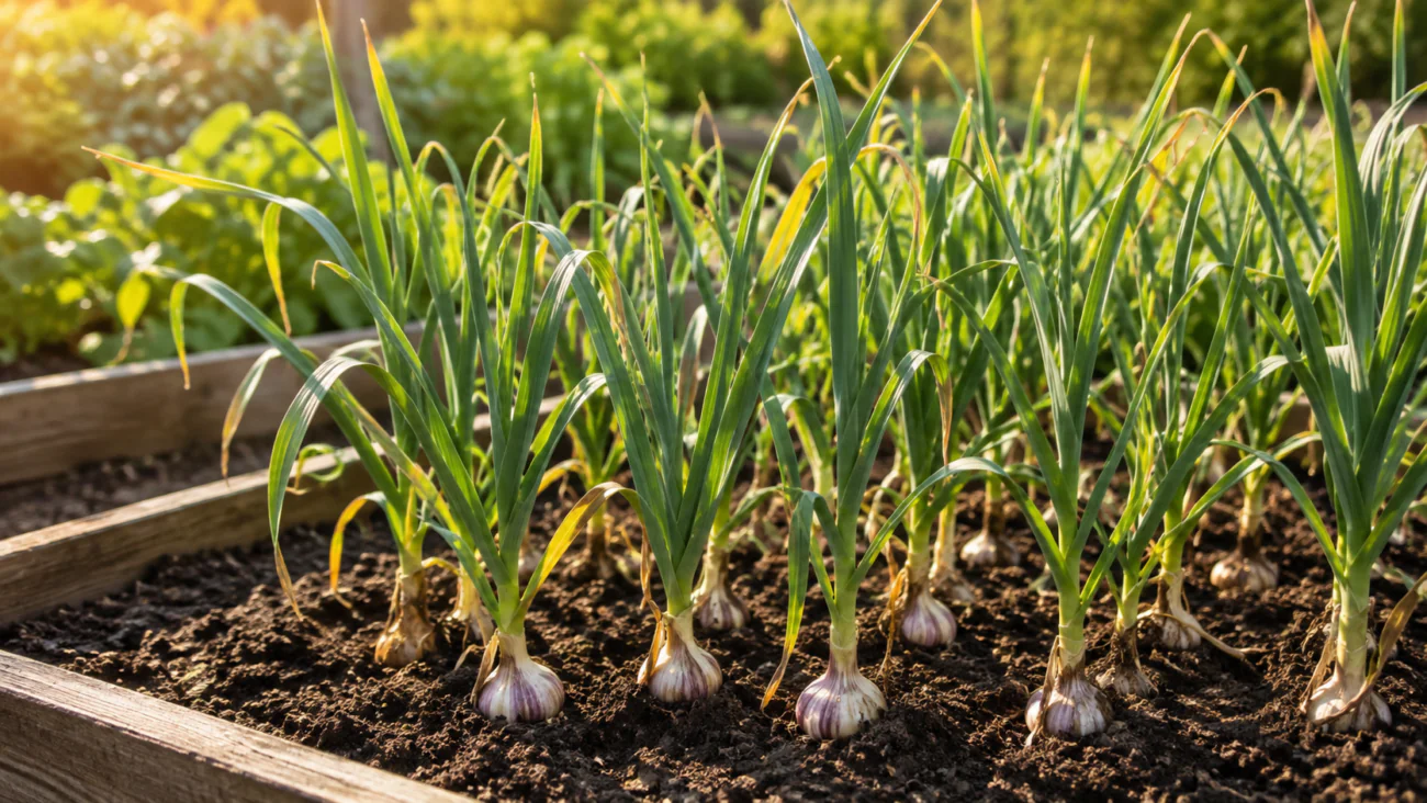 Healthy mature garlic plants growing in a raised garden bed
