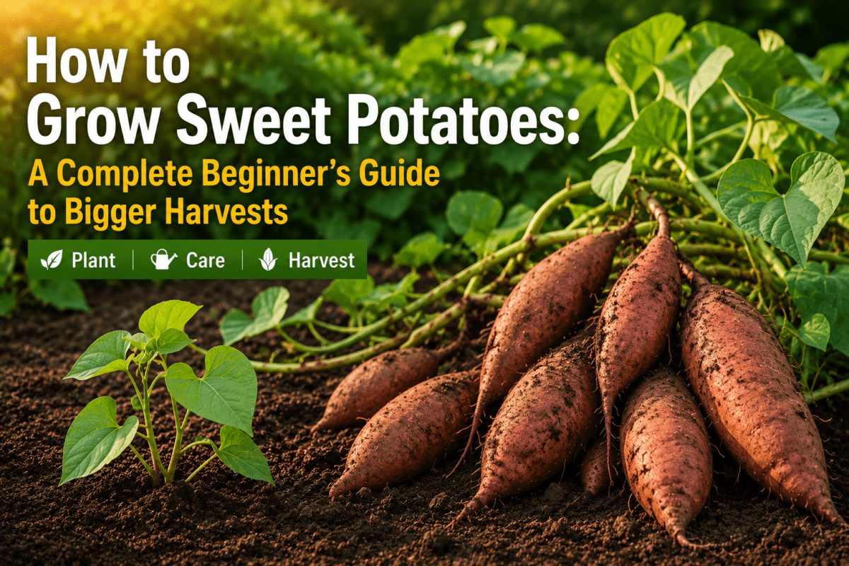 Healthy sweet potato plants growing in a backyard raised garden bed