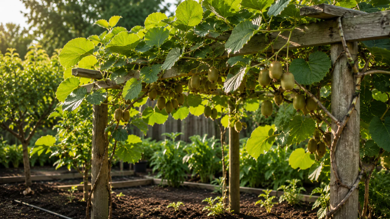 Healthy kiwi vine growing on a wooden garden trellis