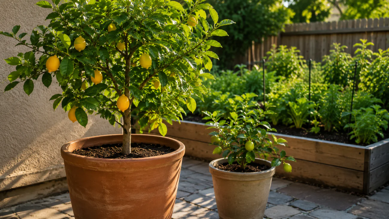 Meyer lemon and dwarf citrus plants growing in containers