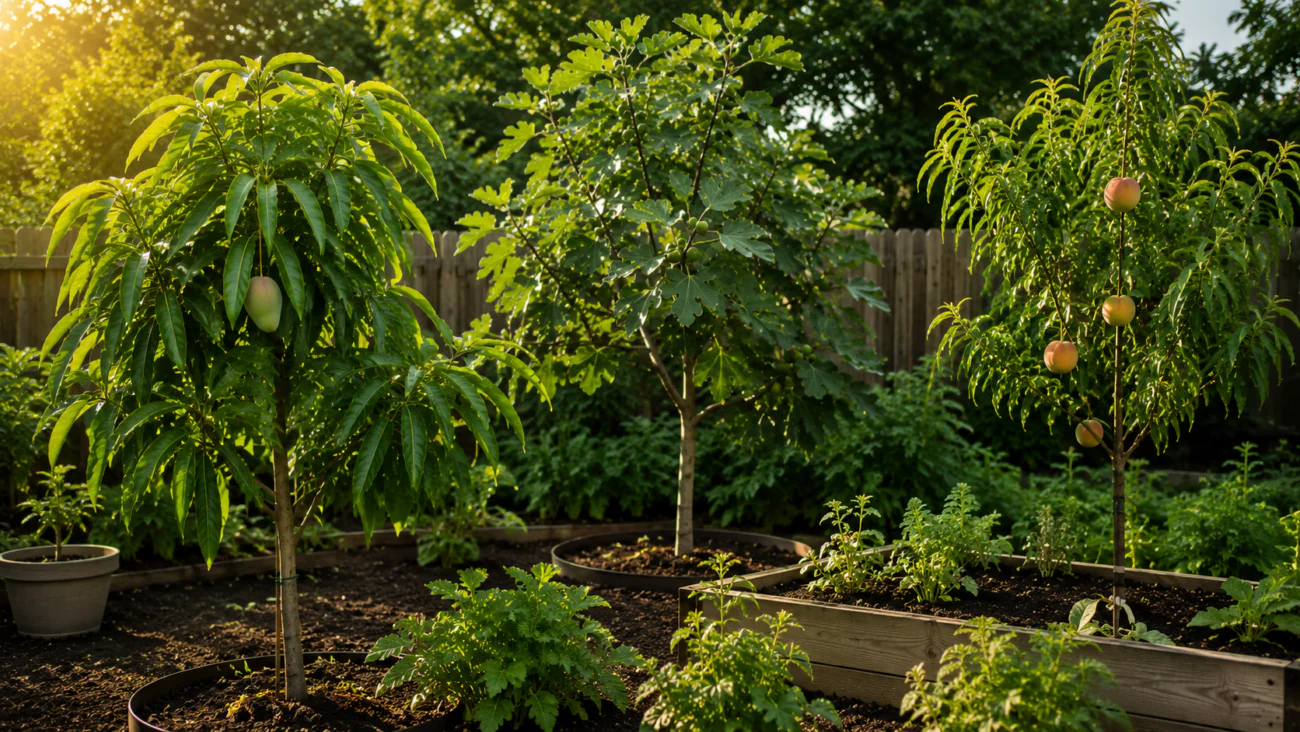 Mango, fig, and peach trees growing in a backyard garden