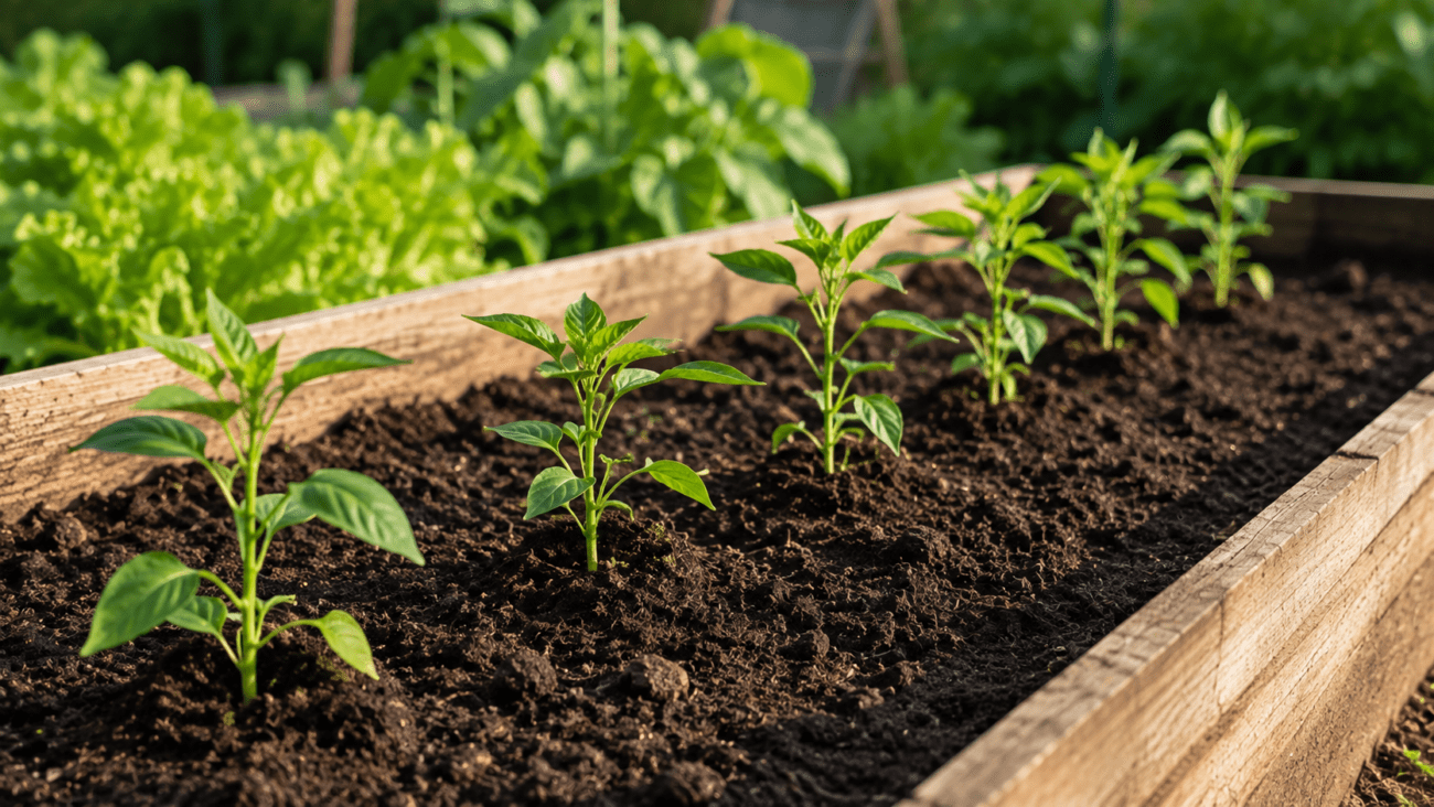 Young chili pepper seedlings planted in a raised garden bed