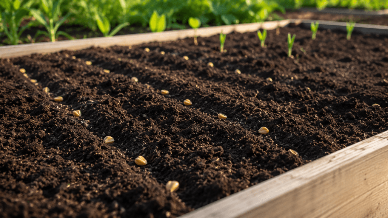 Corn seeds planted in loose soil in a raised garden bed