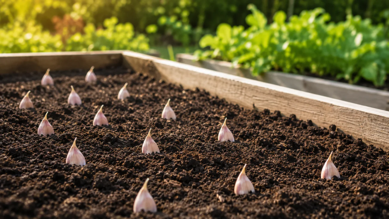 Garlic cloves planted at proper depth and spacing in a raised garden bed