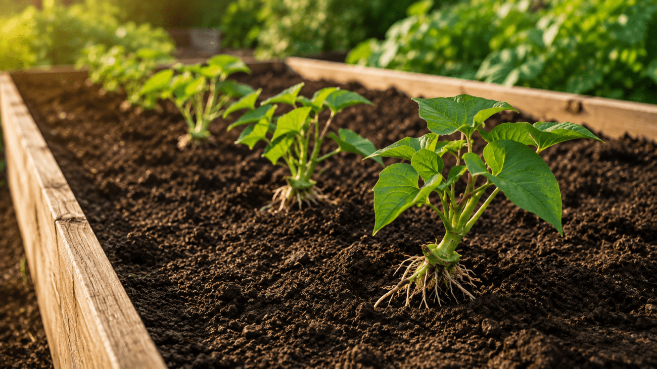 Planting rooted sweet potato slips in a raised garden bed