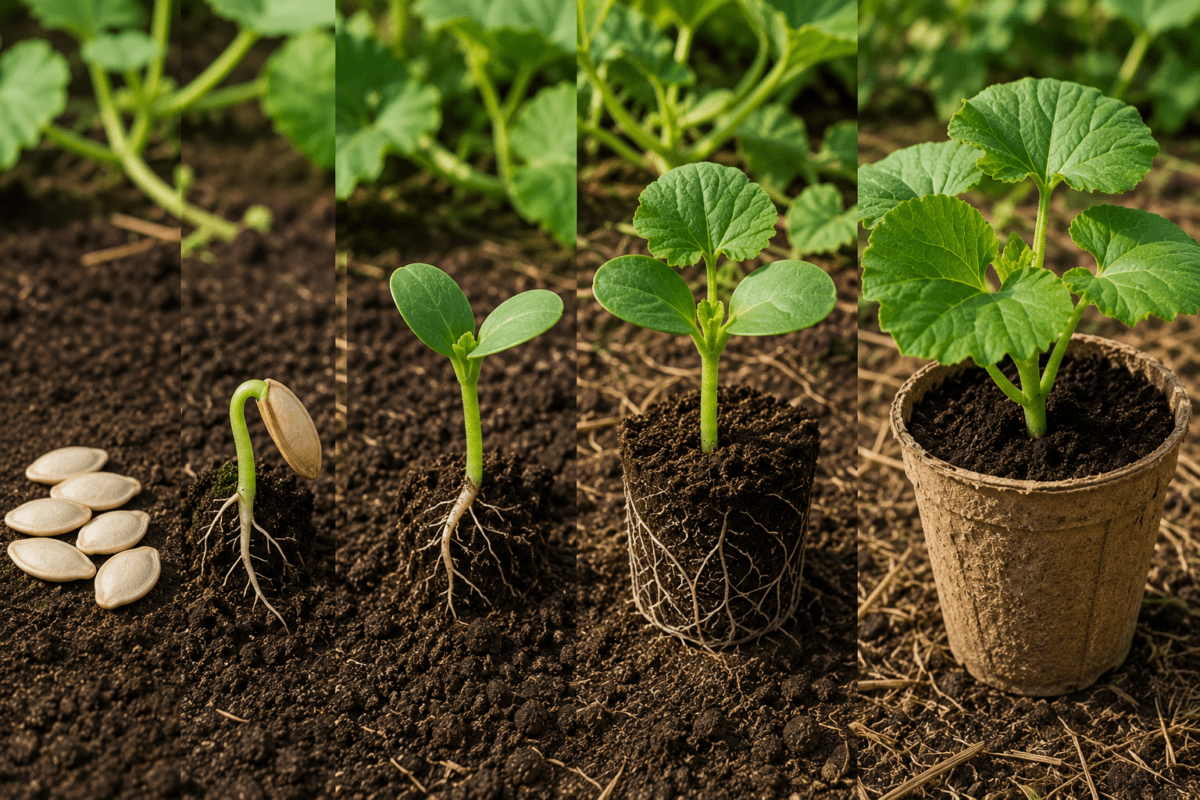 Pumpkin seed germination stages showing seeds sprouting into healthy seedlings with developing roots and true leaves in biodegradable pots.
