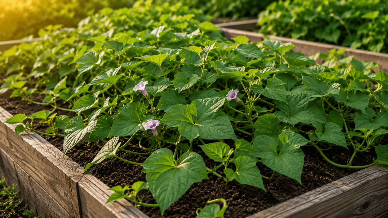 Sweet potato vines flowering in a backyard raised garden bed