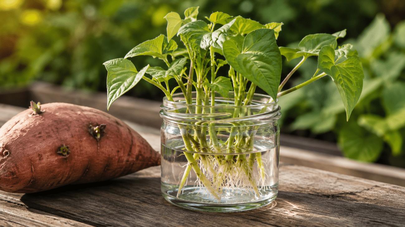 Sweet potato slips developing roots in water before planting